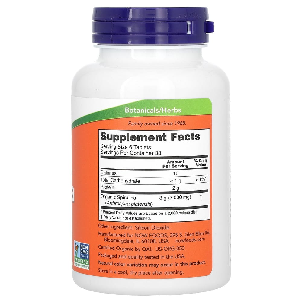 Now Foods Certified Spirulina 3000mg, 200 Tablets (500mg per Tablet)