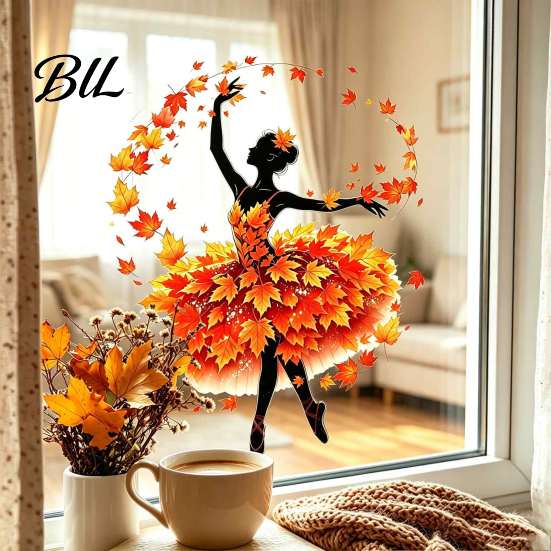 Maple Leaf Window Decorations Ballet Girl Static Glass Sticker, Autumn Thanksgiving Theme Film, Removable Fall Decorative Film PVC Decal for