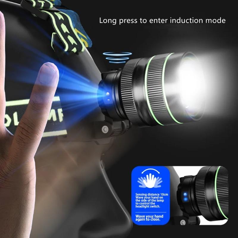 60W High Power Spotlight Long Range Headlamp Type-C Charging 5 Lighting Modes Wave Hand Induction Flashlight Output For Camping