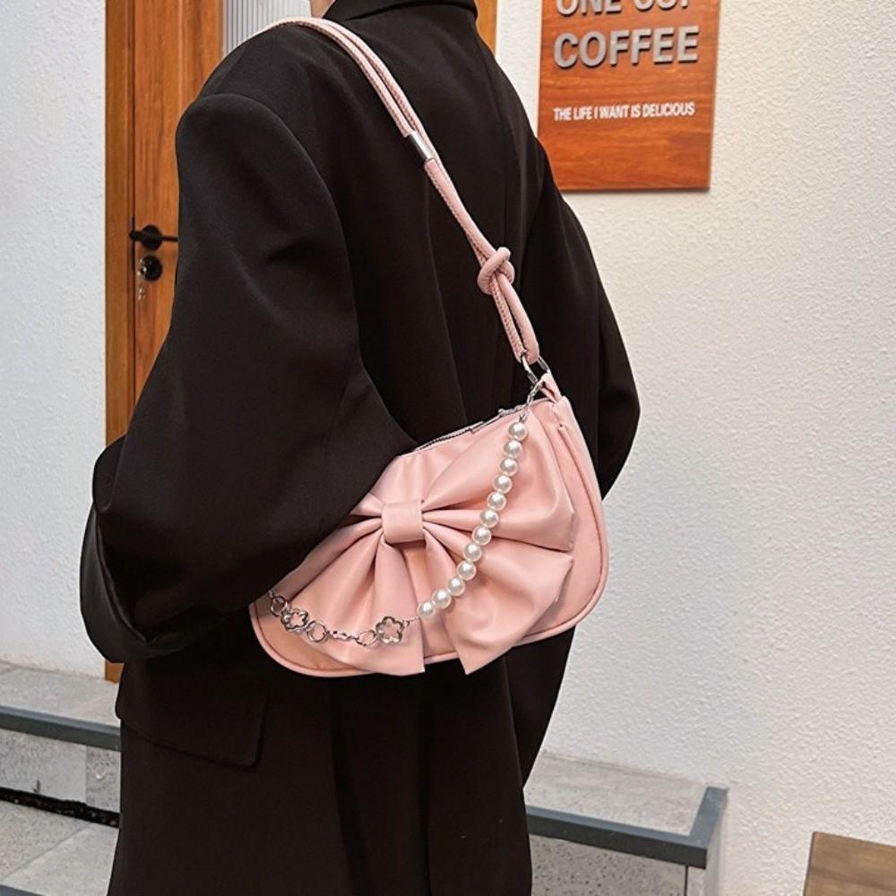 Solid Color Women Underarm Bag PU Leather Bow Handbag Simple Bowknot Shoulder Bag  Office Worker