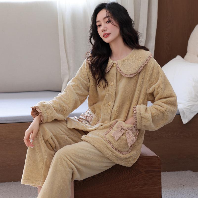 Coral fleece pajamas women's autumn and winter fleece thickened winter women's warm flannel can be worn outside loungewear suit