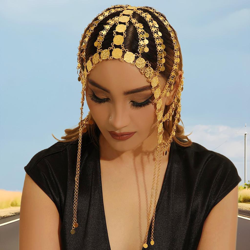 Middle Eastern Style Golden Headpiece With Tassels And Coin For Womens Winter Travel