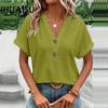 Spring Summer Women's Fashion Casual Solid Color Button V-neck T-shirt Women