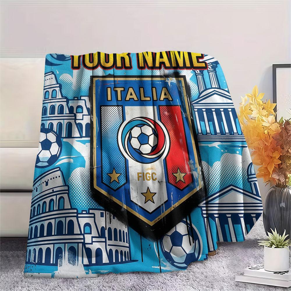 Custom Name,Italy National Football Team Printed Flannel Blanket, soft throw for bedroom sofa, washable, Christmas present, great gift.