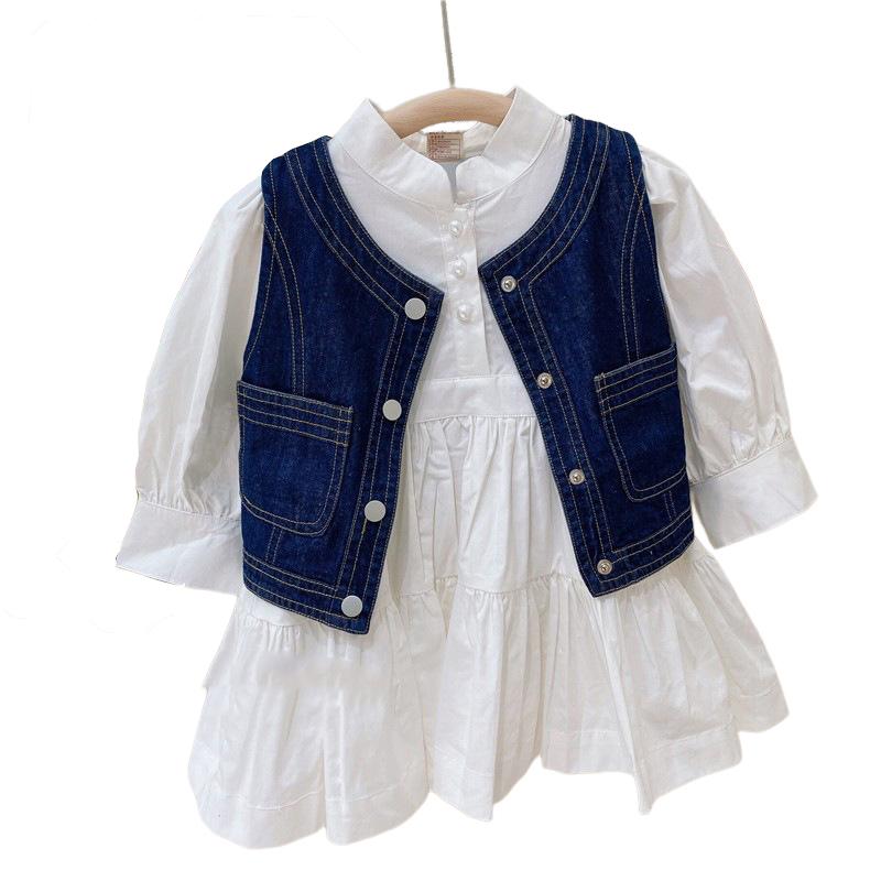 Весенне-летняя одежда для девочек, белое платье с длинными рукавами, модные детские однотонные платья + джинсовая куртка, жилет для детей 3-8 лет