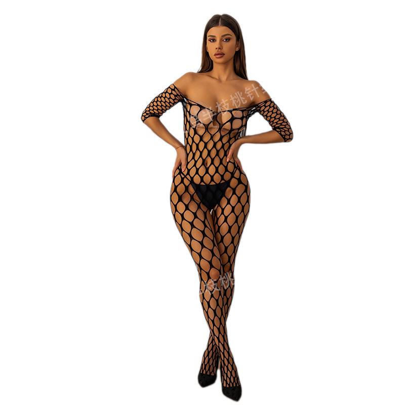 European & American Sexy Fishnet Stockings: Transparent Black Cutout Quick-Release Bodystocking