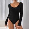 Autumn Women's Jumpsuit Round Neck Brushed Pit Stripe Black Long Sleeve Bodysuit