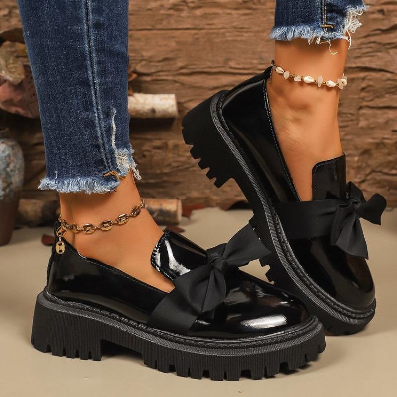 Мода 2025 Весна Лоферы на платформе с бантом Женские Черная искусственная кожа Слипоны Балетки Женская обувь в стиле колледжа Толстая подошва Туфли для платья
