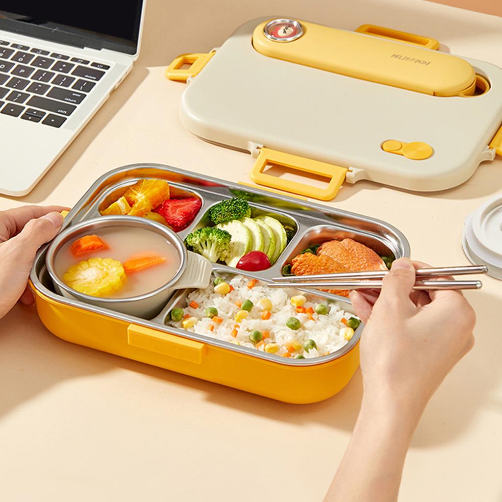4/5 Grids Portable Bento Box With Bowl & Cutlery 304 Stainless Steel Divided Lunch Box Microwave Heatable Lunch Container Set