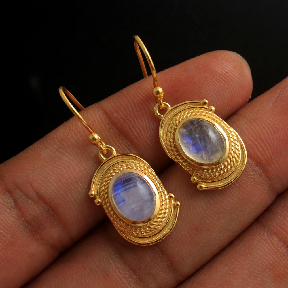 Женские висячие серьги из натурального лунного камня с желтым золотом, 100% стерлинговое серебро 925 пробы, ювелирные украшения