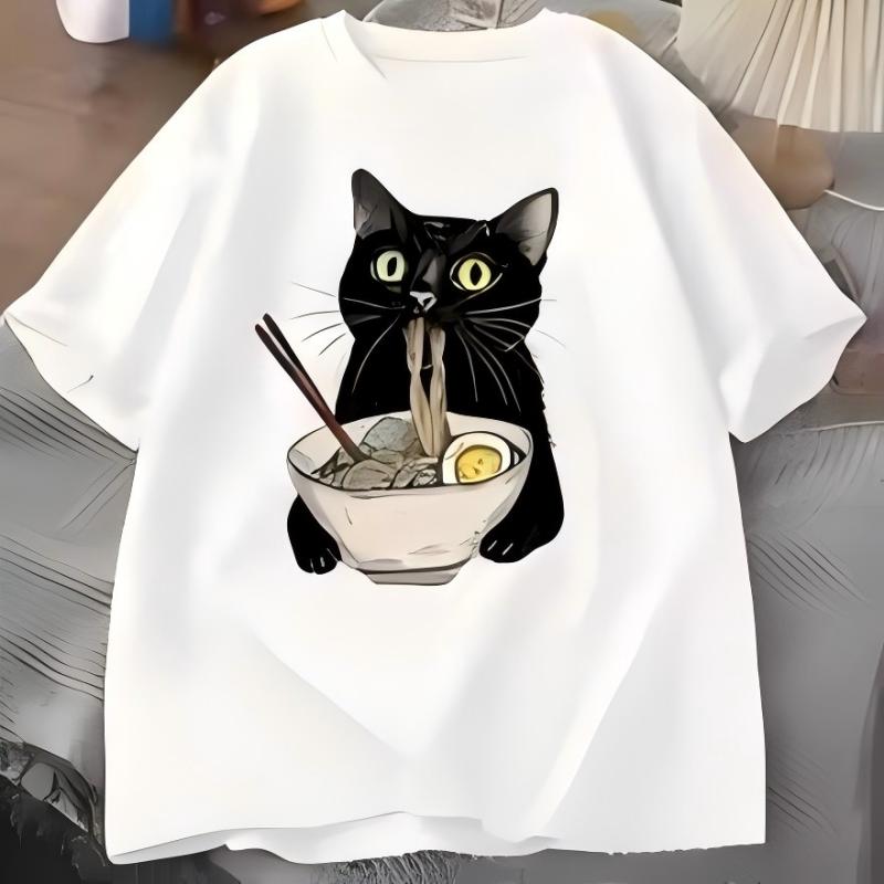 Футболка с кошкой RaUnisex, футболка для любителей еды, черная кошка, футболка с лапшой, ретро, повседневная, с коротким рукавом, для унисекс, ЖЕНСКАЯ одежда