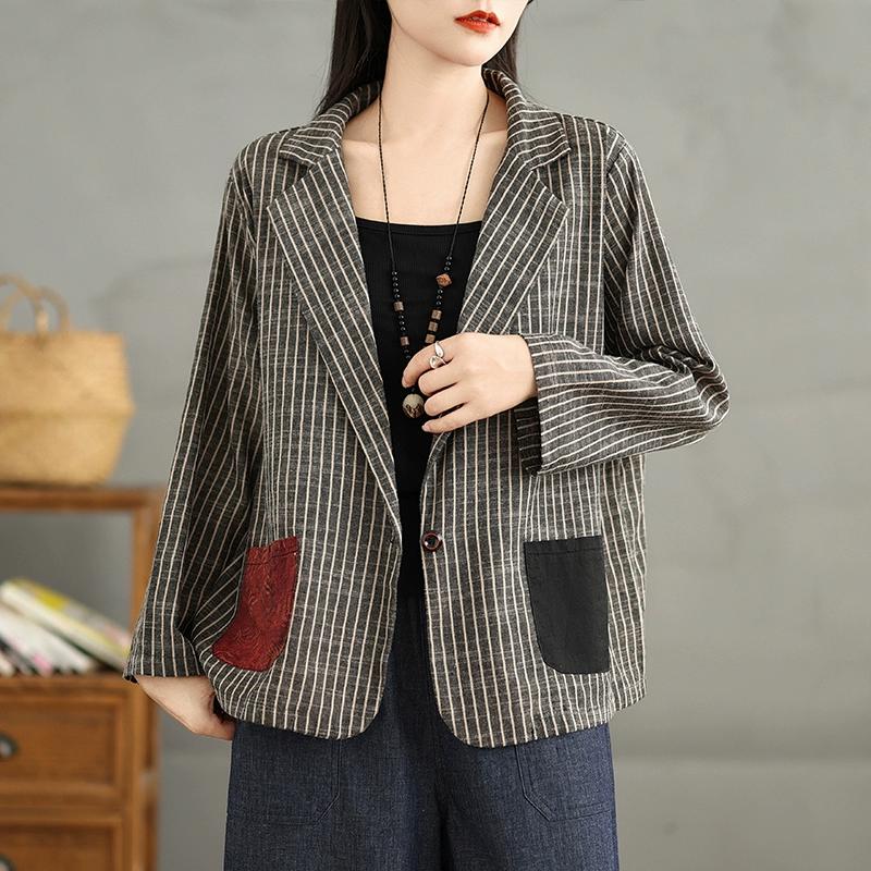 DIMANAF 2024 Новое женское пальто в полоску, льняные тонкие винтажные куртки, с длинным рукавом, весеннее свободное пальто на пуговицах