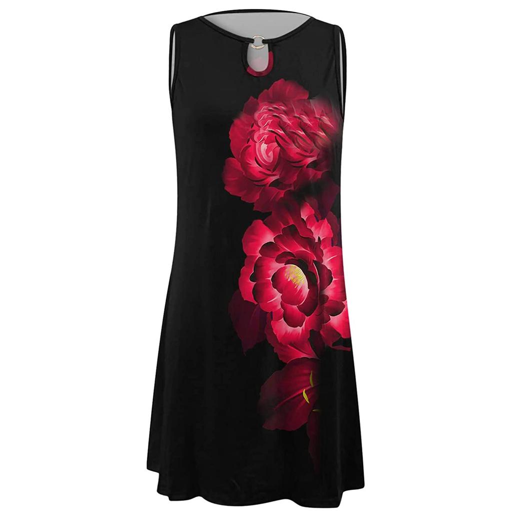 Fashion Women Summer  Print Hollow Out Sleeveless Loose Mid Dresses