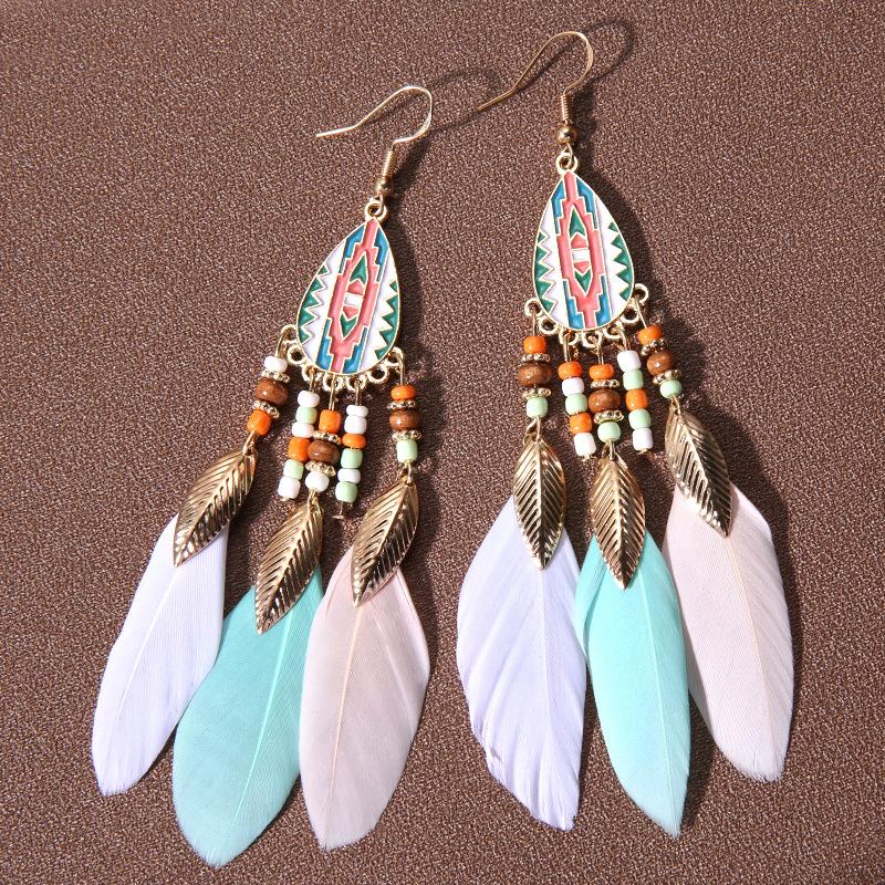 Bohemian Long Feather Dangle Earrings For Women Beach Chain Tassel Drop Earrings Wedding Bride Jewelry Girl Gift