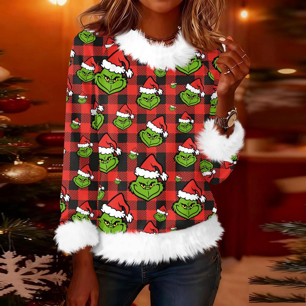 Женская модная рождественская футболка с принтом, круглым вырезом и длинными рукавами, повседневный пуловер