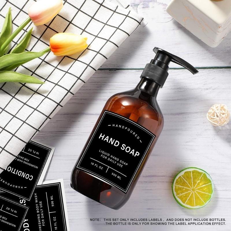 Черные/белые этикетки на дозаторе для мыла, наклейка на этикетку для лосьона, шампунь-кондиционер для мытья тела, ванная комната, душ, дозатор мыла, водонепроницаемые этикетки