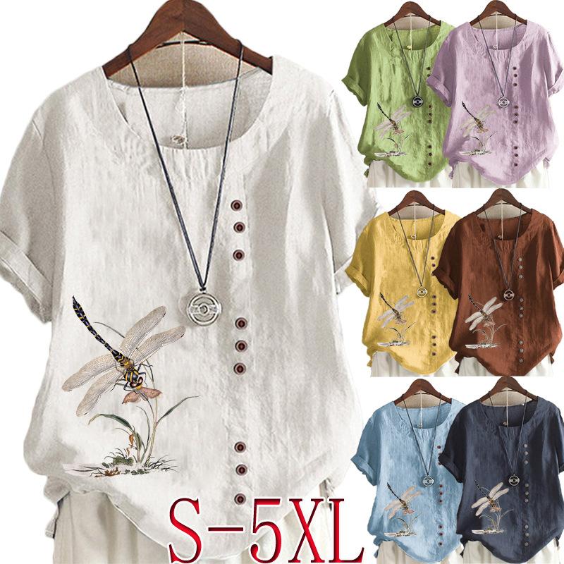 Women's Summer Fashion Casual Linen Shirt Round Neck Printing T-shirt Short Sleeve Tops Loose Blouse XS-5XL