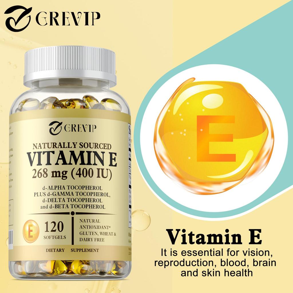 GREVIP Vitamin E Softgels support immune system health and skin nutrition.