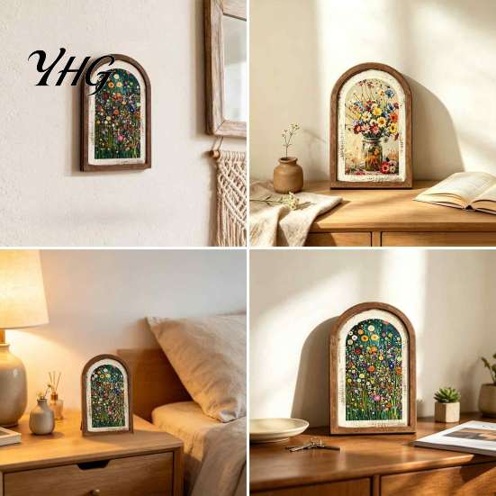 Vintage Aesthetic Wall Decor Arched Wooden Framed Art, Farmhouse Wildflower Oil Painting Prints, Solid Wood Picture Frame Ornament for Living