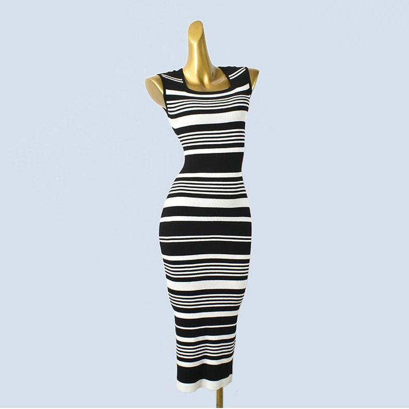 Trade Order U Collar European and American Sleeveless Open Waist Slim Fit Split Knitted Sheath Mid-Length Women Slimming Dress Spring and Autumn