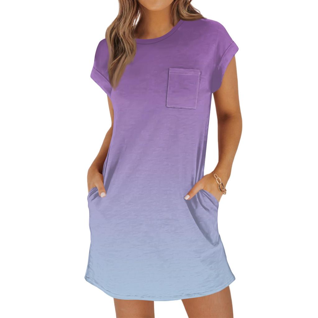 Женское модное повседневное летнее платье с градиентным принтом, коротким рукавом, круглым вырезом и карманами