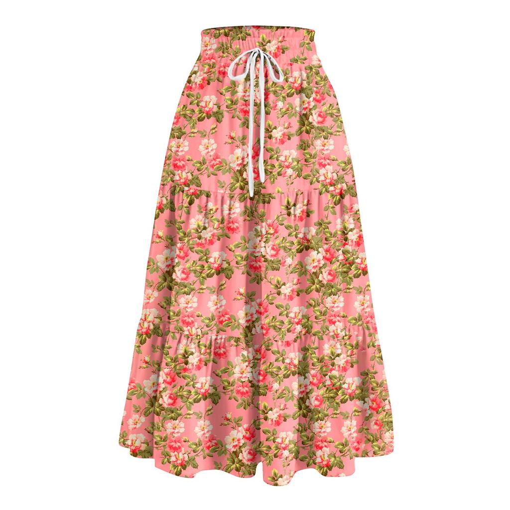 Women's Ruffled Spring Casual Long Skirt Plain Color Skirt Retro Pleated Skirt