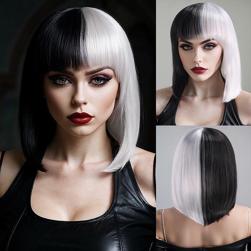 Cos wig, Cruella de Vil Cuira, black and white witch color matching short curly hair