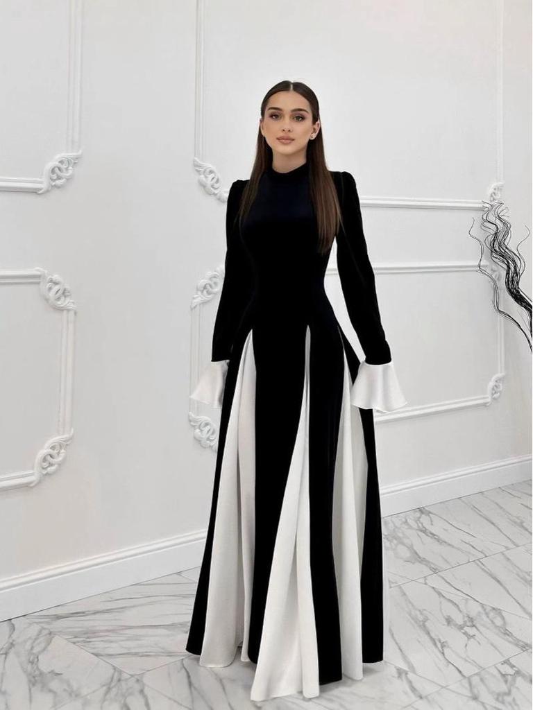 Осень/Зима 2024 Евро-американское черно-белое платье-свинг с длинным рукавом и оборками LX0105