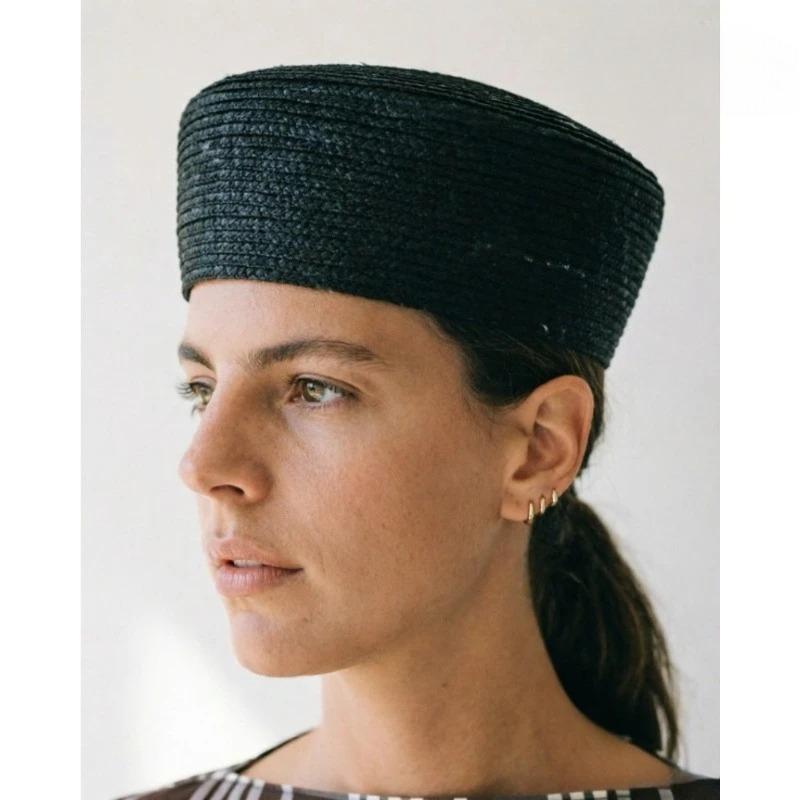 Women 100% Natural Black Wheat Straw Flat Top Berets Lady French Hand Woven Beach Straw Hat Church Derby Pillbox Hat Fedoras Hat