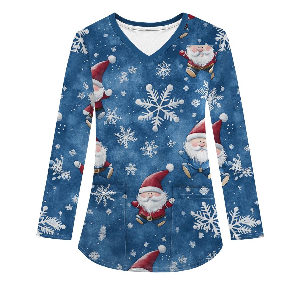 Женская модная рабочая одежда с V-образным вырезом, длинным рукавом и карманом, рождественский принт, футболка, топ