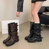 Женские коричневые длинные рыцарские сапоги с толстой подошвой до середины икры, мотоциклетные сапоги, черные осенне-зимние сапоги нового стиля выше колена