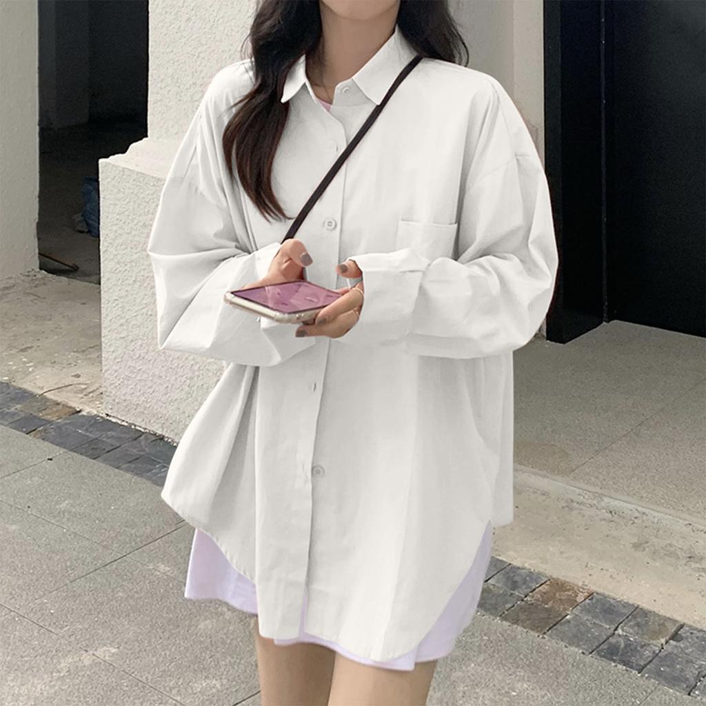 Women's Fashion Solid Color Button Pocket Long Sleeved Casual Lapel Shirt Top