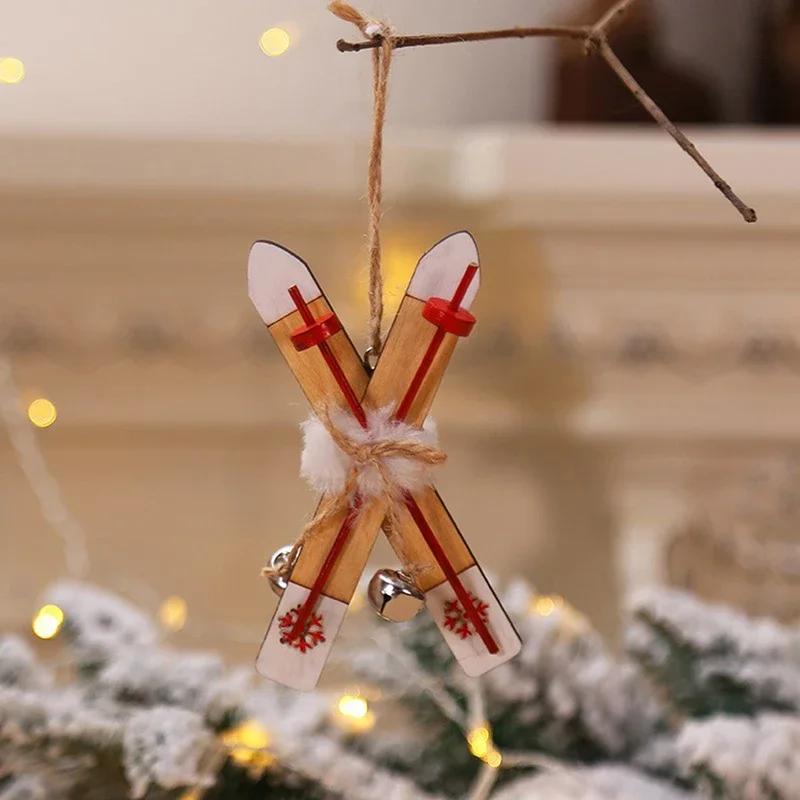 Doll House Mini Wooden Skis Crafts Supplies New Year Christmas Pendant Sled Christmas Tree Home Decor Gift