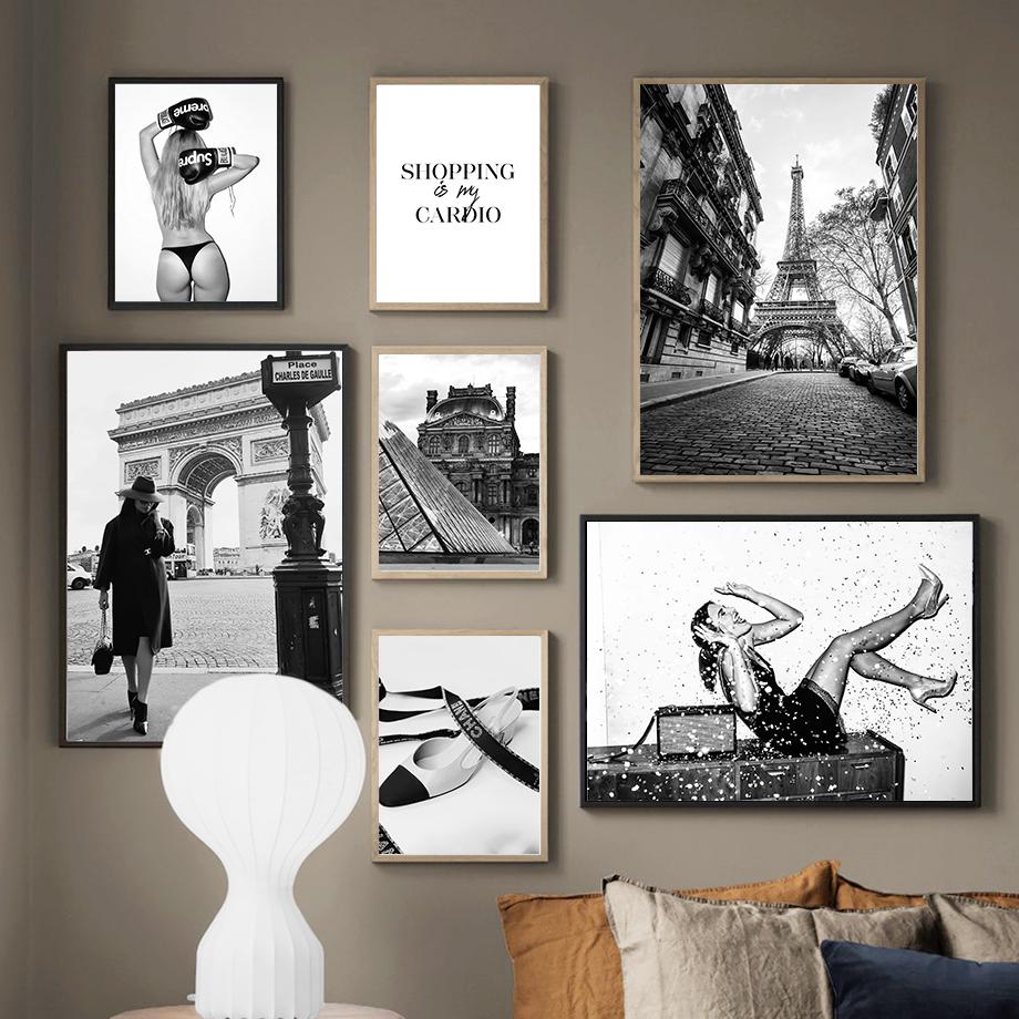 Парижская башня Модная девушка Звезда Собака Черно-белые фотографии Постеры Настенное искусство Холст Принты Картина для гостиной Домашний декор