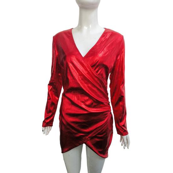 Вечеринка для выпускного вечера с низким вырезом, глубоким V-образным вырезом, плиссированной шеей, обтягивающим высоким женским платьем, глянцевое платье с длинными рукавами и нерегулярным подолом, длиной выше колена, женское