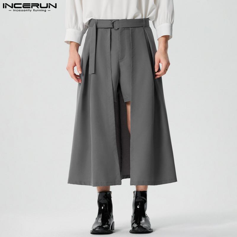 INCERUN Men Solid Color Zipper Up Belted Shorts Skirts Irregular Kilts