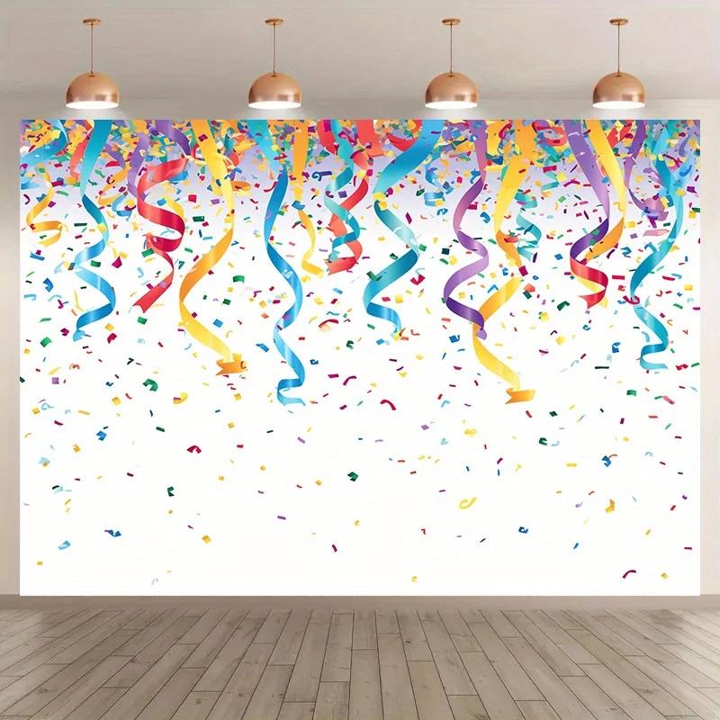 Birthday party backdrop - 1 piece of polyester photo booth backdrop with colorful ribbons arranged on it