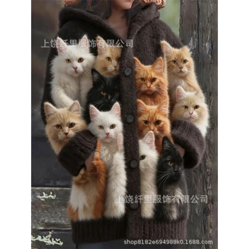 3D Cat Print Hooded Sweatshirt Cardigan Casual Jacket Women