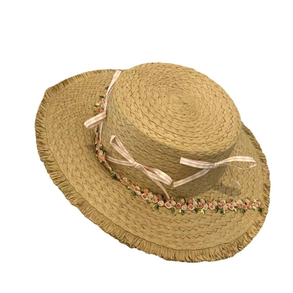 French bow flower flat top straw hat women's summer seaside beach vacation big brim sunshade sun hat