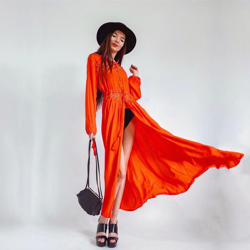 EDOLYNSA Новое лето, накидка на бикини, хлопковое кружевное платье-туника с длинными рукавами и шнуровкой, женское пляжное платье-туника, накидка