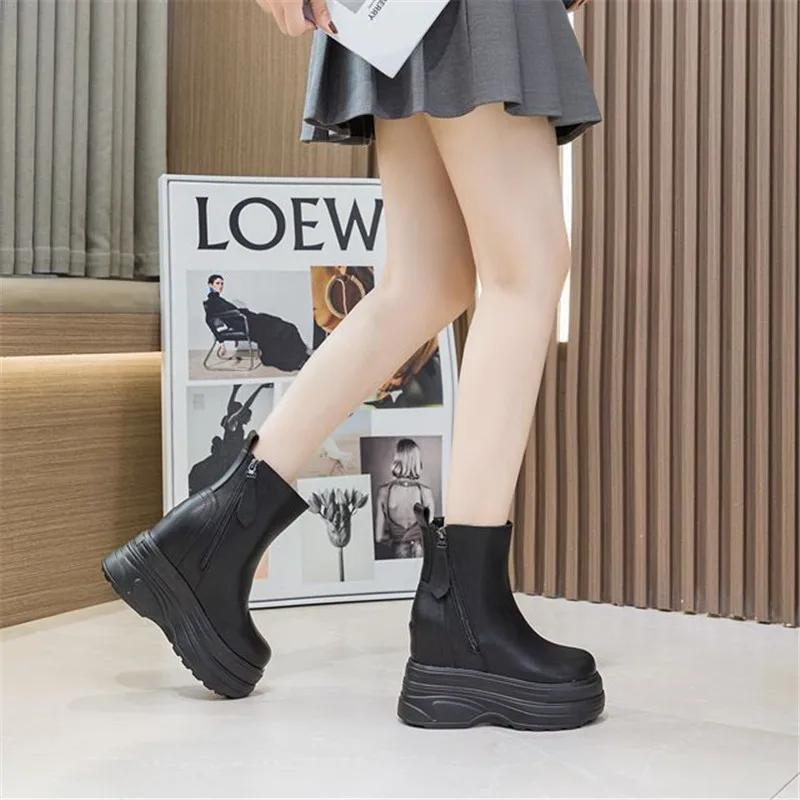 Короткие плюшевые женские ботильоны, элегантные женские ботильоны на танкетке, женские короткие ботильоны, весна-осень, круглый носок, женская обувь, зимняя обувь