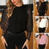 Women Casual Solid Color Round Neck Dot Mesh Long Puff Sleeve Shirt Blouse Top