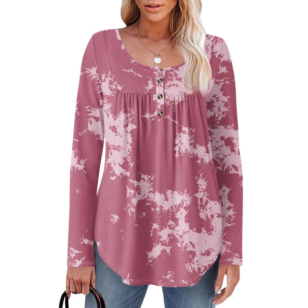 Женская туника с длинным рукавом, свободные топы, повседневные топы оверсайз, плиссированная туника, застегивающаяся на пуговицы, повседневные женские топы с принтом