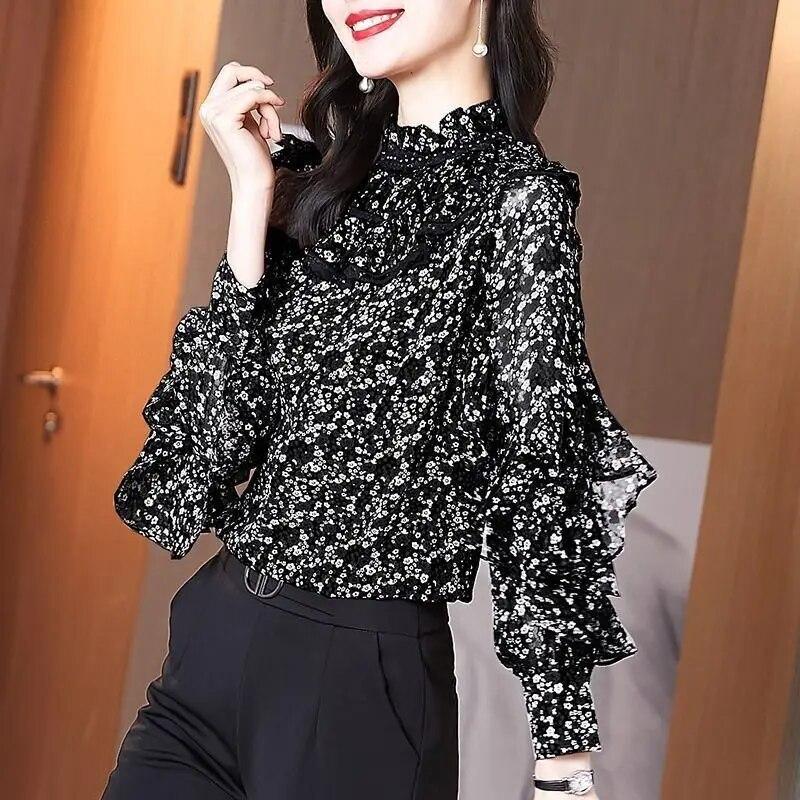 Fashion Chiffon Shirt Spring Autumn Ruffle Edge Stitching Bottoming Blouse New Long Sleeved Thin Top M-4XL