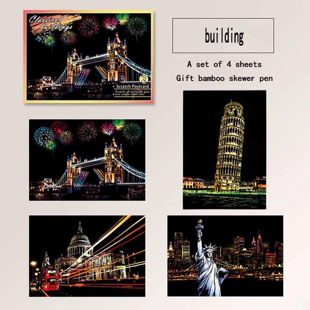 5.5x7.8inch Children's Drawing Exercise Book DIY Handmade Painting Birthday Gift Eiffel Tower Sakura Picture Scratch Painting