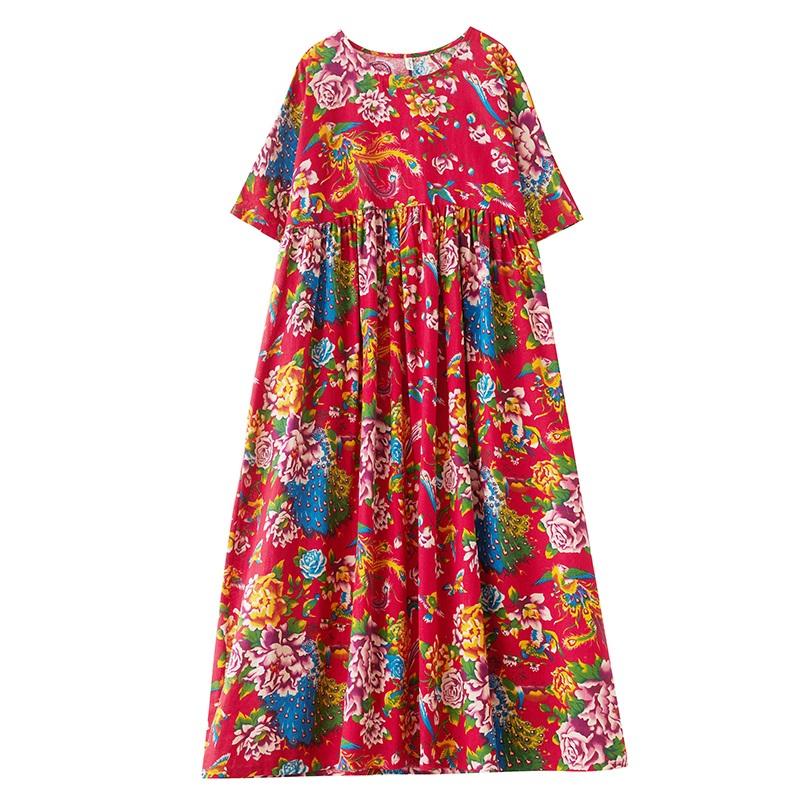 Новые платья из хлопка с короткими рукавами больших размеров и цветочным принтом для женщин, повседневные свободные длинные летние платья
