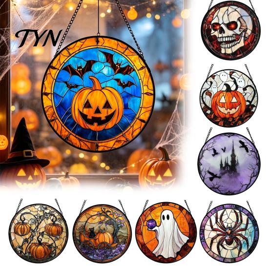 Seasonal Decorative Disc Retro Halloween Pendant, Ghost/Bat/Spider Web/Pumpkin Head Print, Door Handle Welcome Sign Vintage Acrylic Hanging