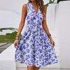 Women's Spring And Summer Casual V-Neck Sleeveless Waist Floral Print Midi Dress