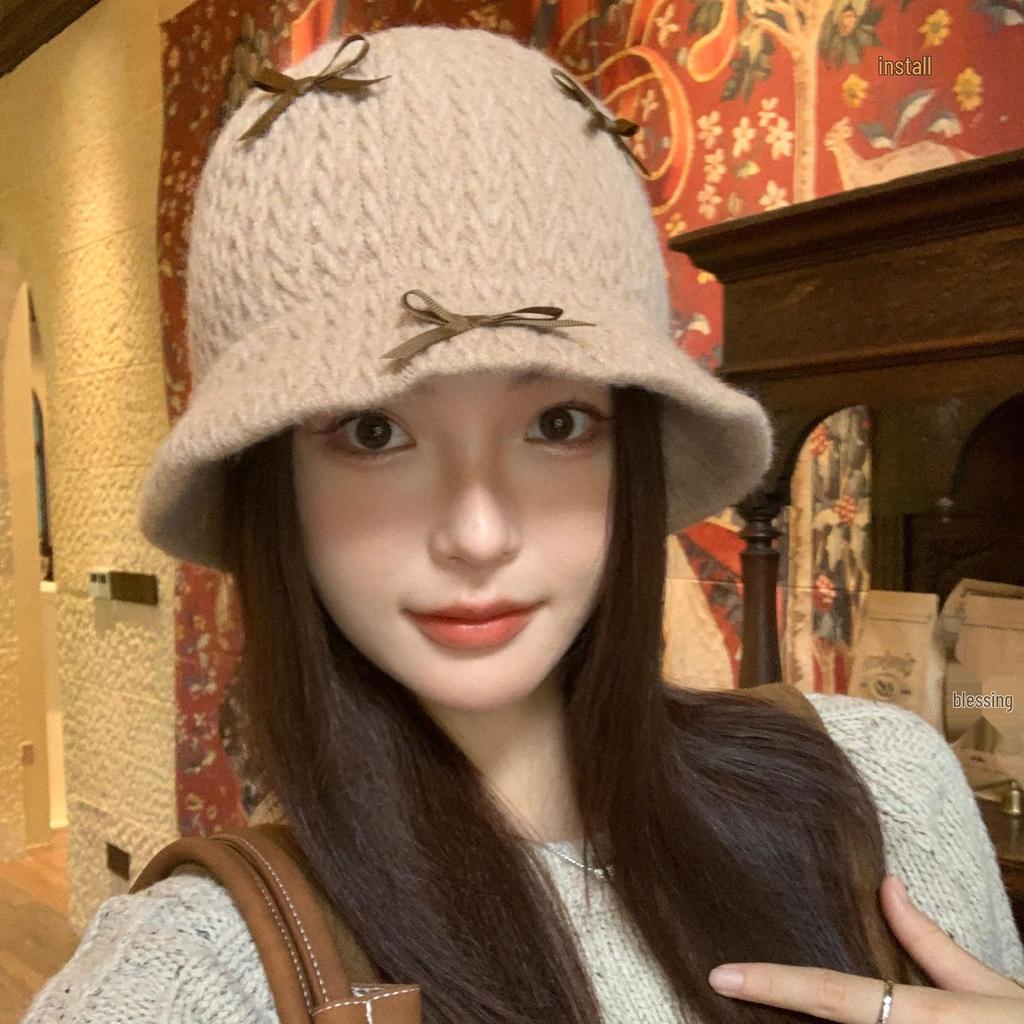 Женская вязаная шапка-панама с бантом - Милая, универсальная, повседневная весенне-осенняя панама