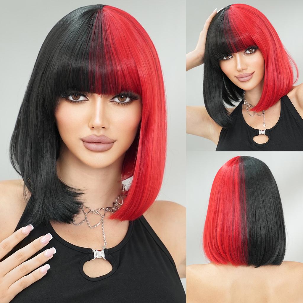 Half Black Half Red Bob Wig for Women - Full Bangs Short Straight Hair, Halloween Party Cosplay Street Style Two-Tone Full Cap Wig